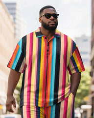 Big & Tall Men's Colorblock Stripe Print Short Sleeve Polo Shirt Shorts Suit