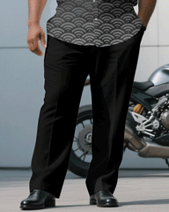 Big & Tall Men's Business Gradient Geometric Black Short Sleeve Shirt Trousers Suit