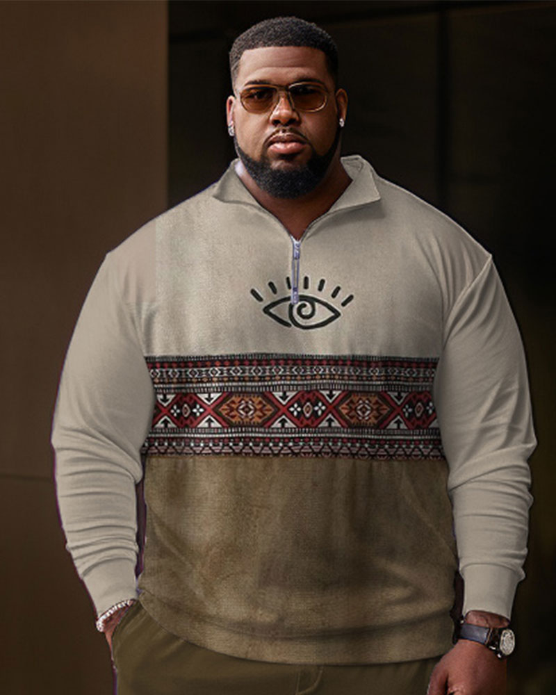 Men's Plus Size Ethnic Jacquard Color Block Zip Shirt and Pants Two Piece Set