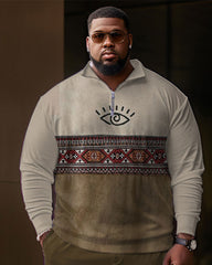 Men's Plus Size Ethnic Jacquard Color Block Zip Shirt and Pants Two Piece Set