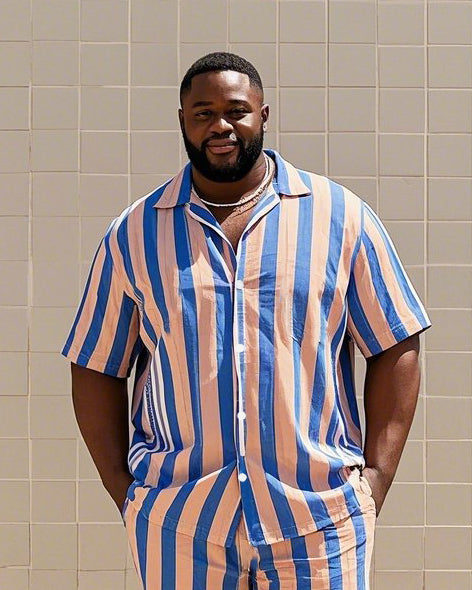 Big Men's-Hot Pink Blue Striped Color Block Printed Short Sleeve Shirt Shorts Suit