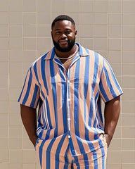 Big Men's-Hot Pink Blue Striped Color Block Printed Short Sleeve Shirt Shorts Suit