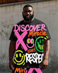 Big Men's Hip Hop Letter Smiley Face Graffiti Street Fashion Short Sleeve T-Shirt Shorts Set