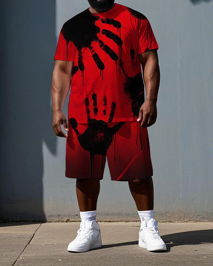 Men's Hip Hop Punk Style Palm Print Casual Short-Sleeve T-shirt and Shorts Big & Tall Set