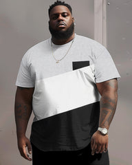 Big Guy’s Simple Black And White Gray Color Matching Round Neck Short Sleeve T-shirt