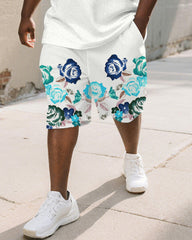 Men's Plus Size Street White Graffiti Rose Print Round Neck Short Sleeve T-Shirt Shorts Suit