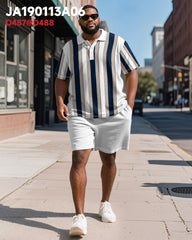 Men's Plus Size Business White Blue Stripe Print Short Sleeve Polo Shirt Shorts Suit