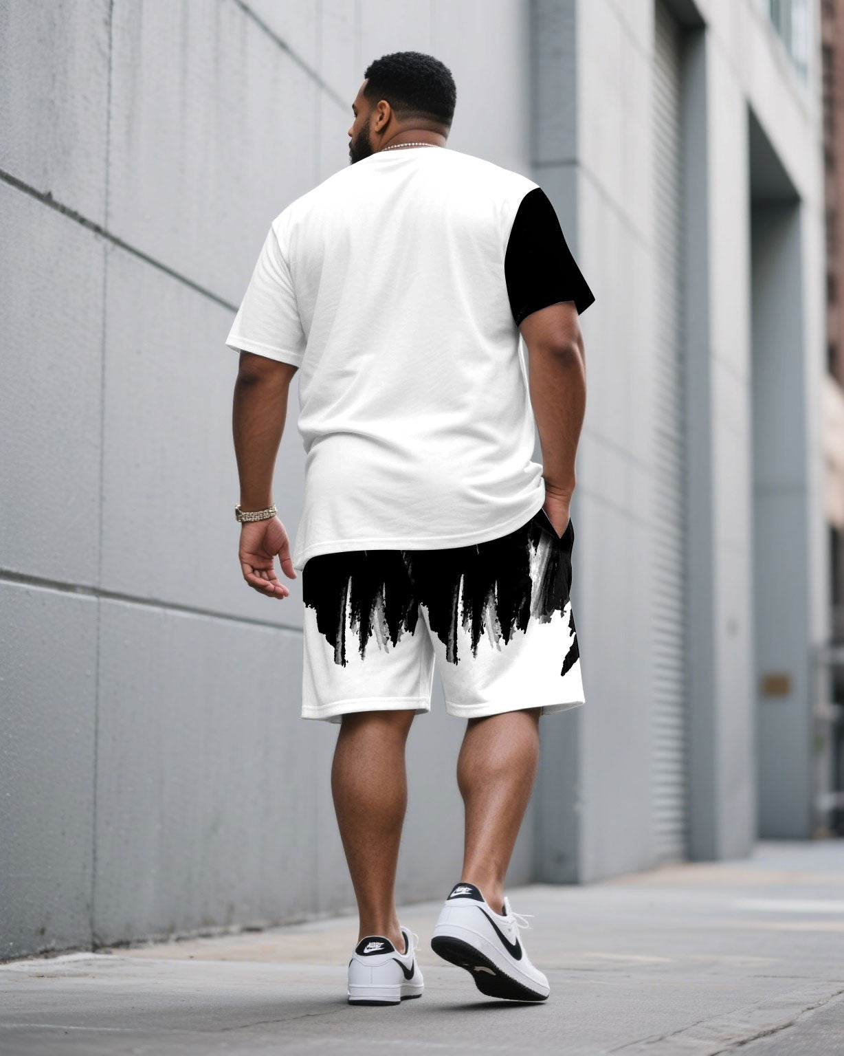 Men's Plus Size Casual Black & White Ink Brush Chest Lion Small Label Fashion Round Neck Short Sleeve T-shirt Shorts Suit