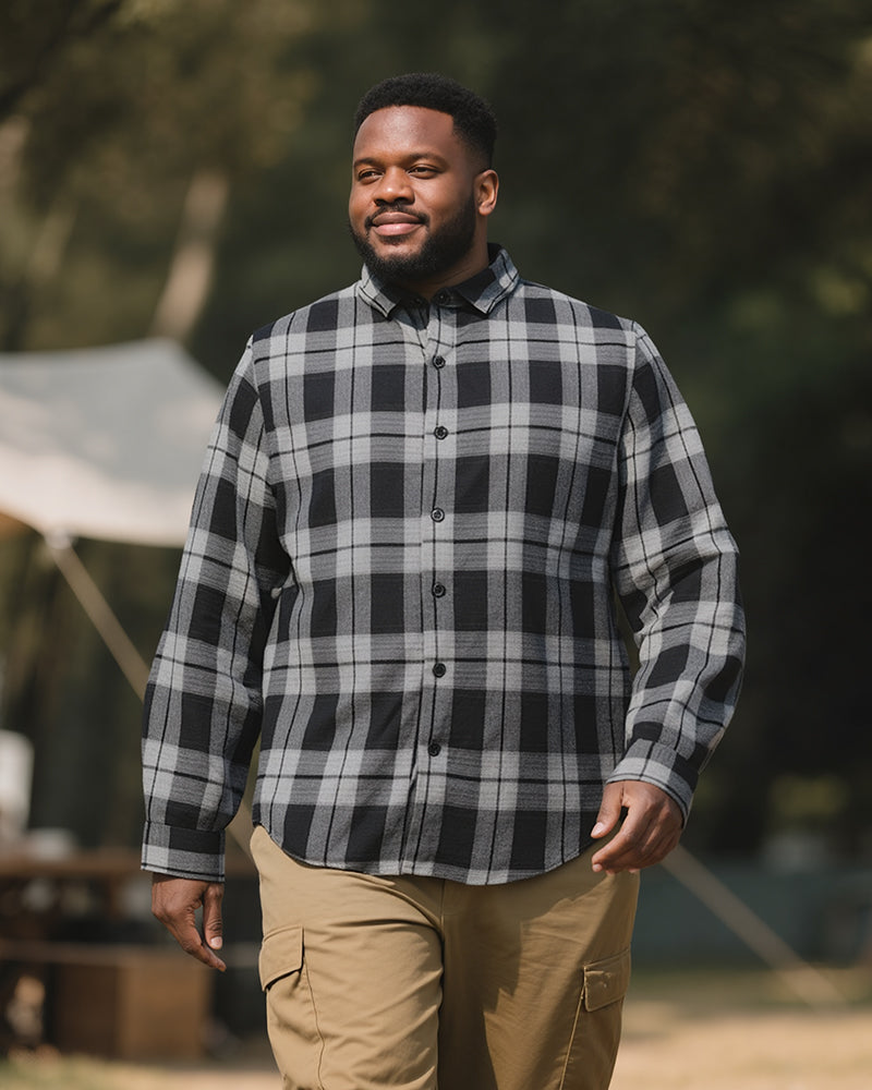 Big & Tall Men's Black-autumn/winter Commuter Plaid Flannel Fabric Long Sleeve Shirt