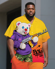 Men's Fashion Boni Bear Cartoon Gradient Effect Short Sleeve Shirt and Pants Set