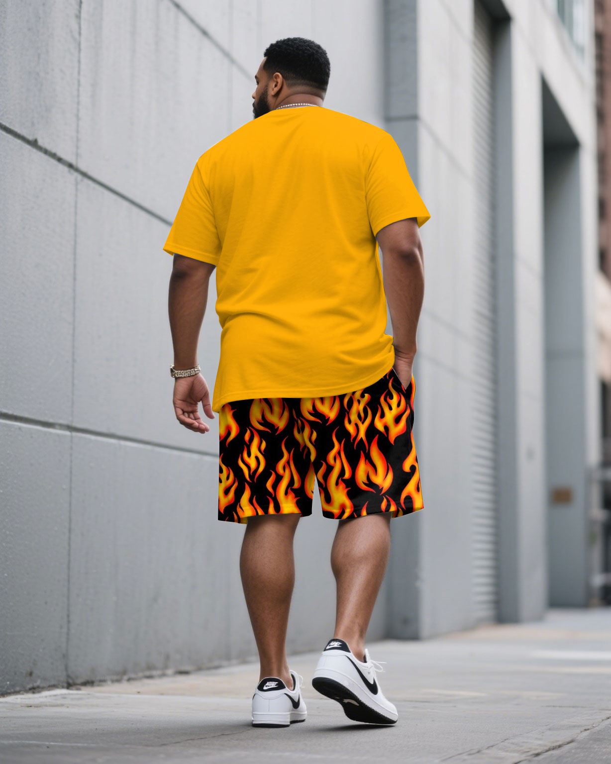 Men's Plus Size Yellow Flame & Bear Print Round Neck Short Sleeve T-Shirt Shorts Suit