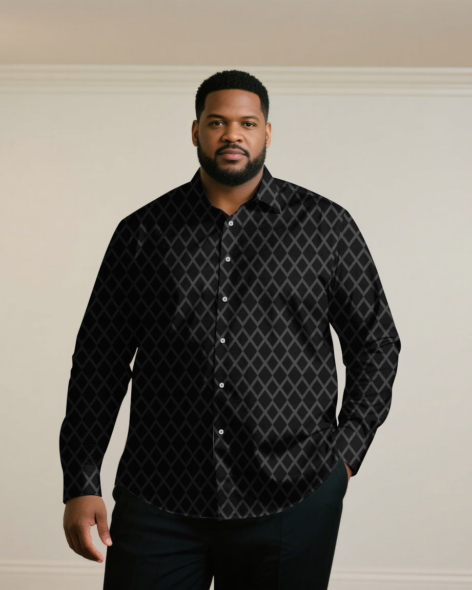 Big & Tall Men's Business Green & Khaki & Black & Red Jacquard Long Sleeve Shirt