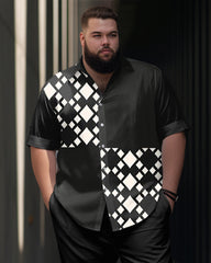 Men's Plus Size Geometric Patchwork Print Short Sleeve Shirt Trousers Suit