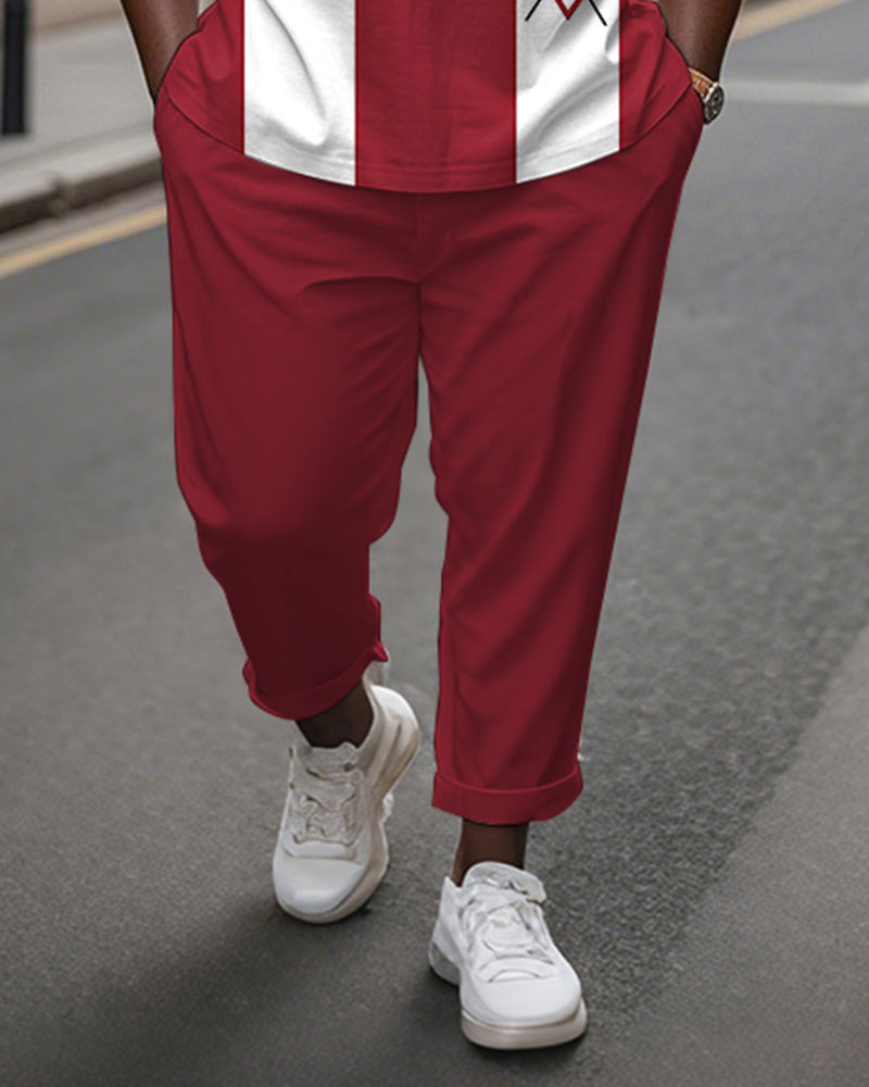 Men's Plus Size Red And White Color Block Geometric Print Henry Collar T-shirt Trousers Suit
