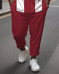 Men's Plus Size Red And White Color Block Geometric Print Henry Collar T-shirt Trousers Suit