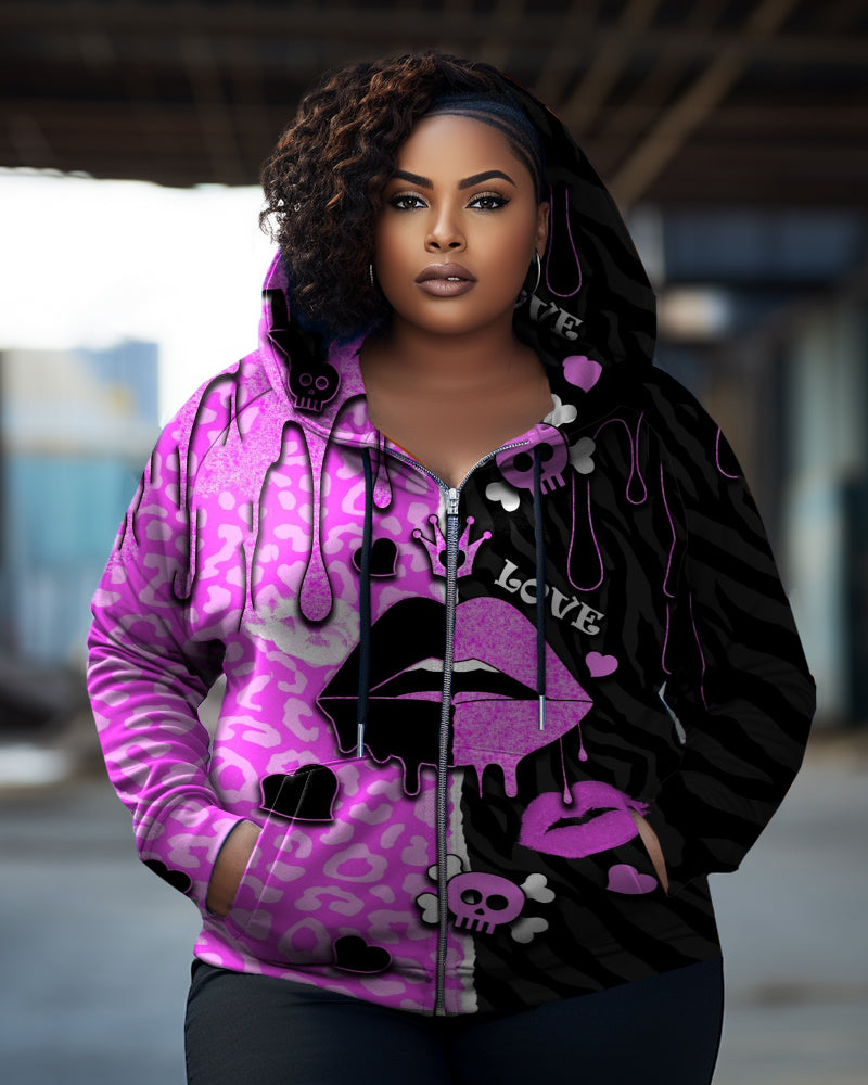 Women's Plus Size Color Block Lips Crown Graffiti Long Sleeve Zip Hoodie