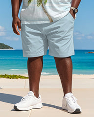 Big & Tall Men's Hawaiian Blue Coconut Stripe Print Round Neck Short Sleeve T-Shirt Shorts Suit