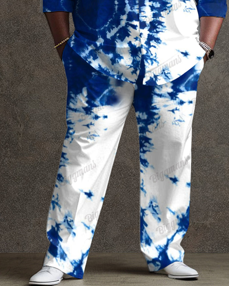 Traditional Tie-Dye Process Blue Long Sleeve Lapel Shirt 2 Piece Set Men's Plus Size