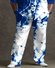 Traditional Tie-Dye Process Blue Long Sleeve Lapel Shirt 2 Piece Set Men's Plus Size