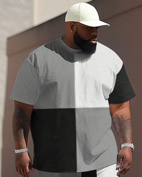 Casual Simple Colorblock Big Men's Short Sleeve T-shirt Pants Set
