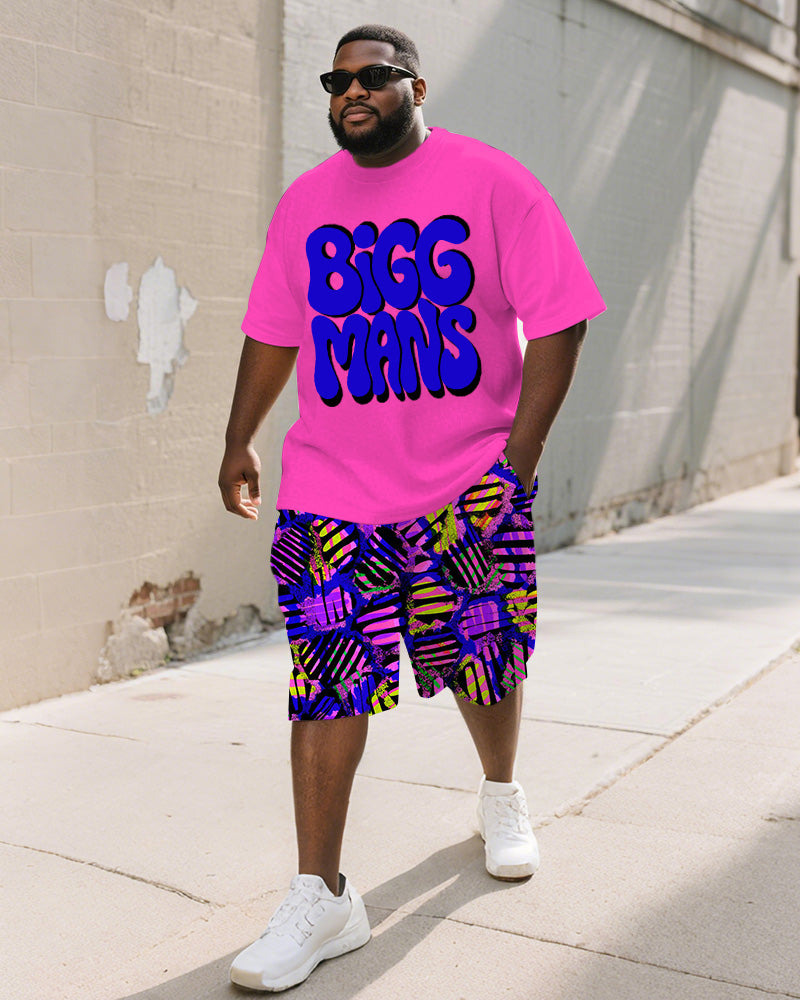 Men's Plus Size Street Graffiti Pink Fun BIGGMANS Letter Print Round Neck Short Sleeve T-Shirt Shorts Suit