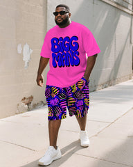 Men's Plus Size Street Graffiti Pink Fun BIGGMANS Letter Print Round Neck Short Sleeve T-Shirt Shorts Suit