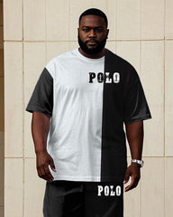 Men's Plus Size Casual White & Black Classic Color Matching Short-sleeved T-shirt Trousers Suit