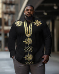 Men's Large Size Ethnic Style Black Gold Totem Long Sleeve Lapel Long Sleeve Shirt