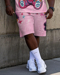 Big Men's Hip Hop Street Fashion Graffiti Bear Printed Casual Short Sleeve T-shirt Shorts Set