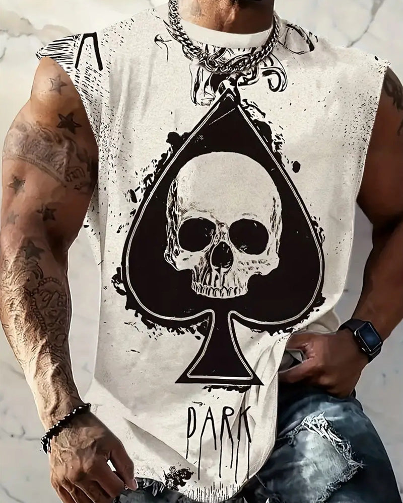 Men's Plus Size Street Fashion Beige Skull Print Round Neck Sleeveless Vest