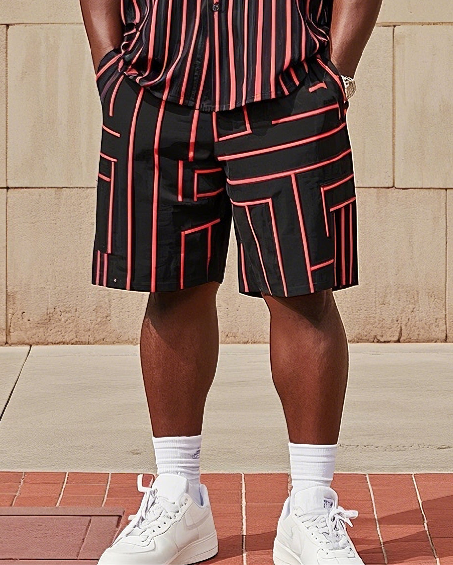 Big Men's Fashion Red Black Striped Color Block Printing Short Sleeve Shirt Shorts Suit