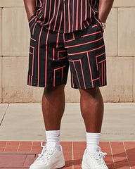 Big Men's Fashion Red Black Striped Color Block Printing Short Sleeve Shirt Shorts Suit