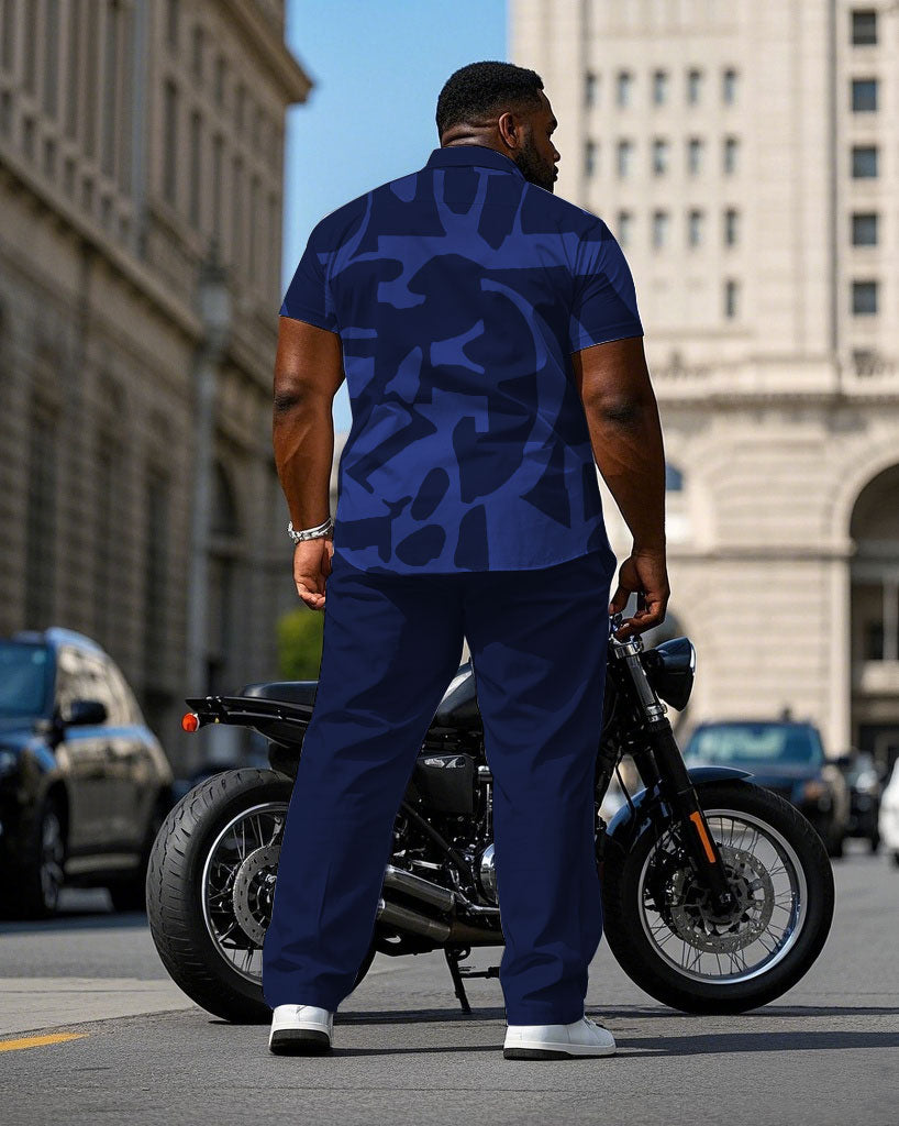 Men's Plus Size Sapphire Blue Irregular Geometric Jacquard Craft Printed Short Sleeve Shirt Trousers Suit