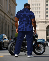 Men's Plus Size Sapphire Blue Irregular Geometric Jacquard Craft Printed Short Sleeve Shirt Trousers Suit