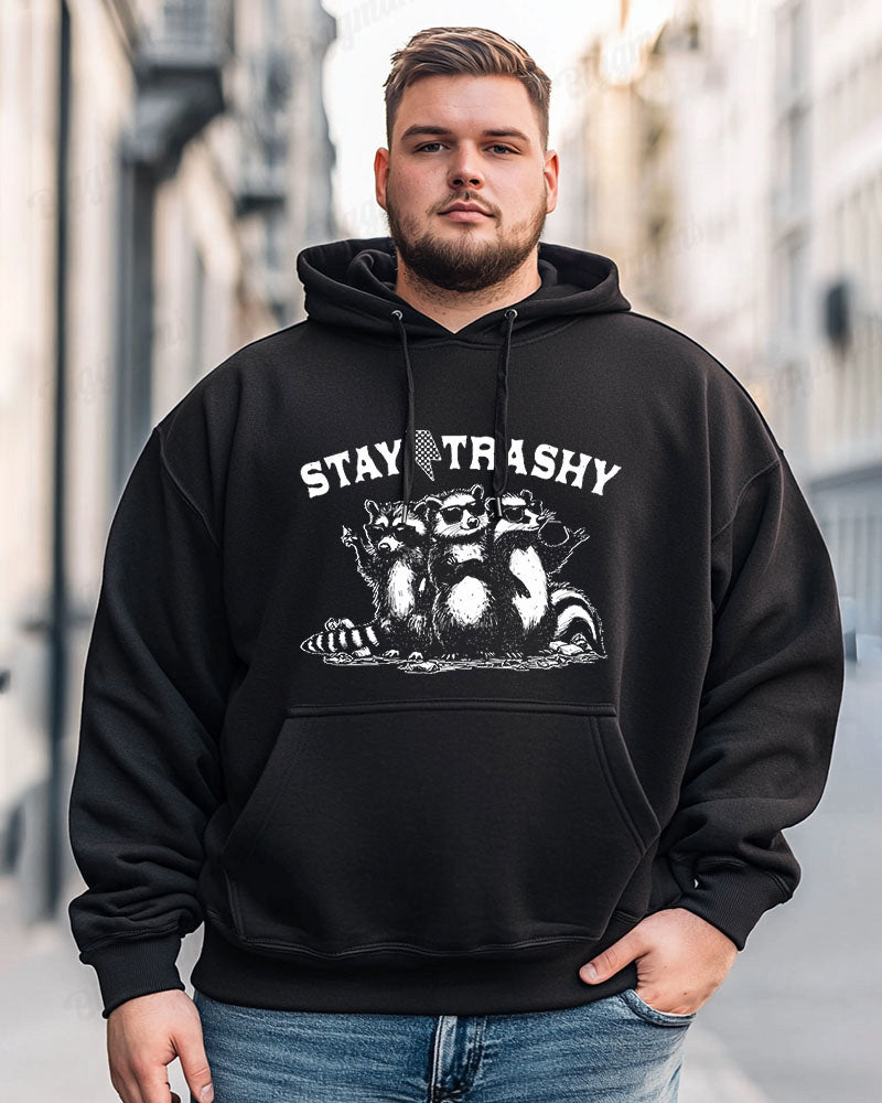 Cotton Material - Stay Trashy Letter Raccoon Print Men's Loose Oversized Hoodie
