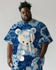 Men's Plus Size Blue Tie Dye Bear Print Short Sleeve T-Shirt Shorts Suit