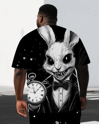 Men's Funny Mr. Rabbit Illustration Back Print Big & Tall Breathable Short-Sleeve T-shirt Shorts Set