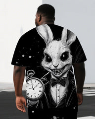 Men's Funny Mr. Rabbit Illustration Back Print Big & Tall Breathable Short-Sleeve T-shirt Shorts Set