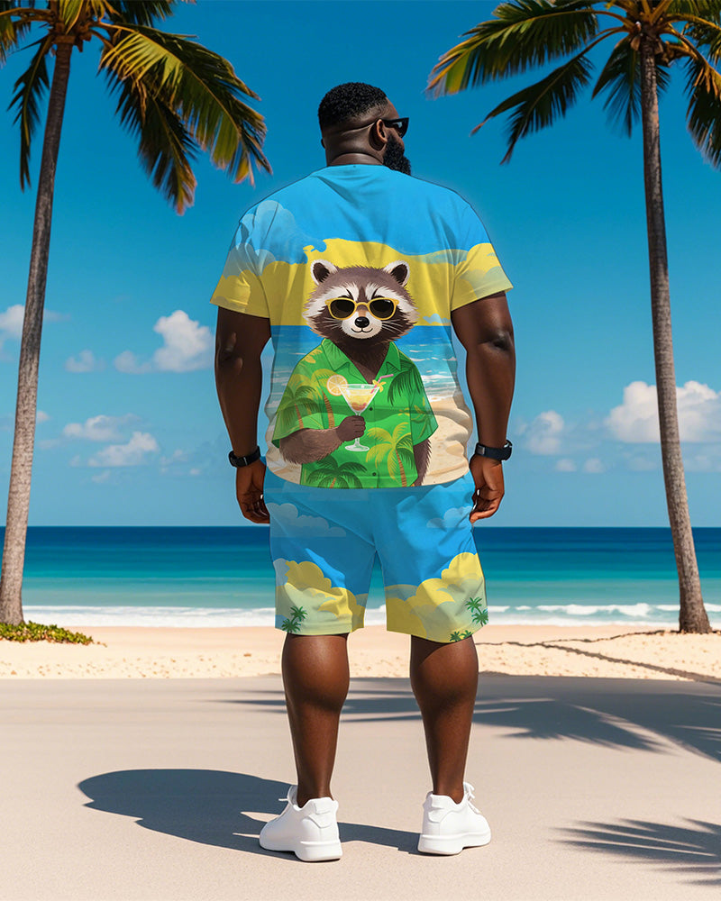 Men's Plus Size Hawaiian Blue Raccoon Drinking Cocktail Print Short Sleeve T-Shirt Shorts Suit