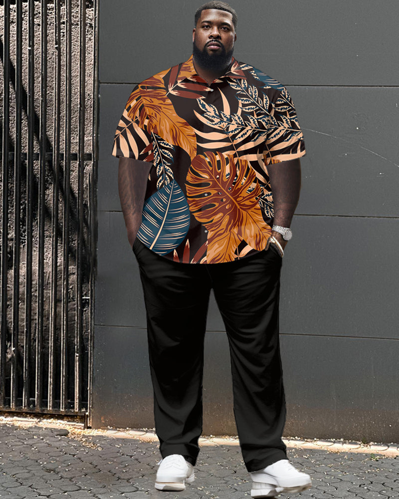 Leaf Pattern Large Size Classic Print Men's Short Sleeve Trousers Set