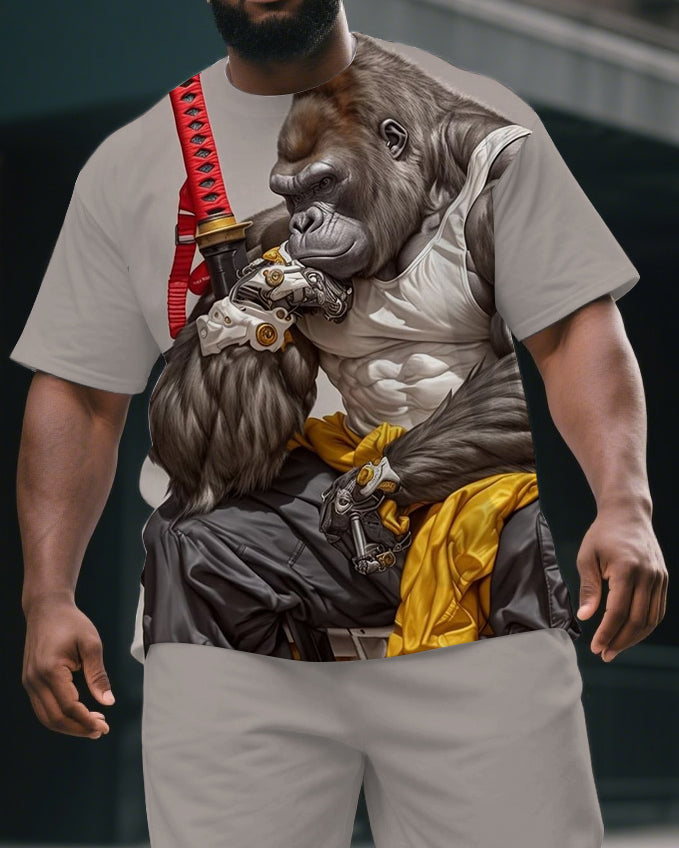 Men's Fun Cartoon Soldier Gorillas Print Big & Tall Short-Sleeve T-shirt & Short Set