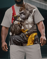 Men's Fun Cartoon Soldier Gorillas Print Big & Tall Short-Sleeve T-shirt & Short Set
