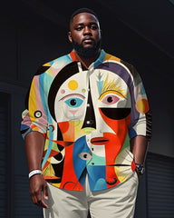 Men's Plus Size Multicolor Pop Colorblock Abstract Print Long Sleeve Shirt Trousers Suit
