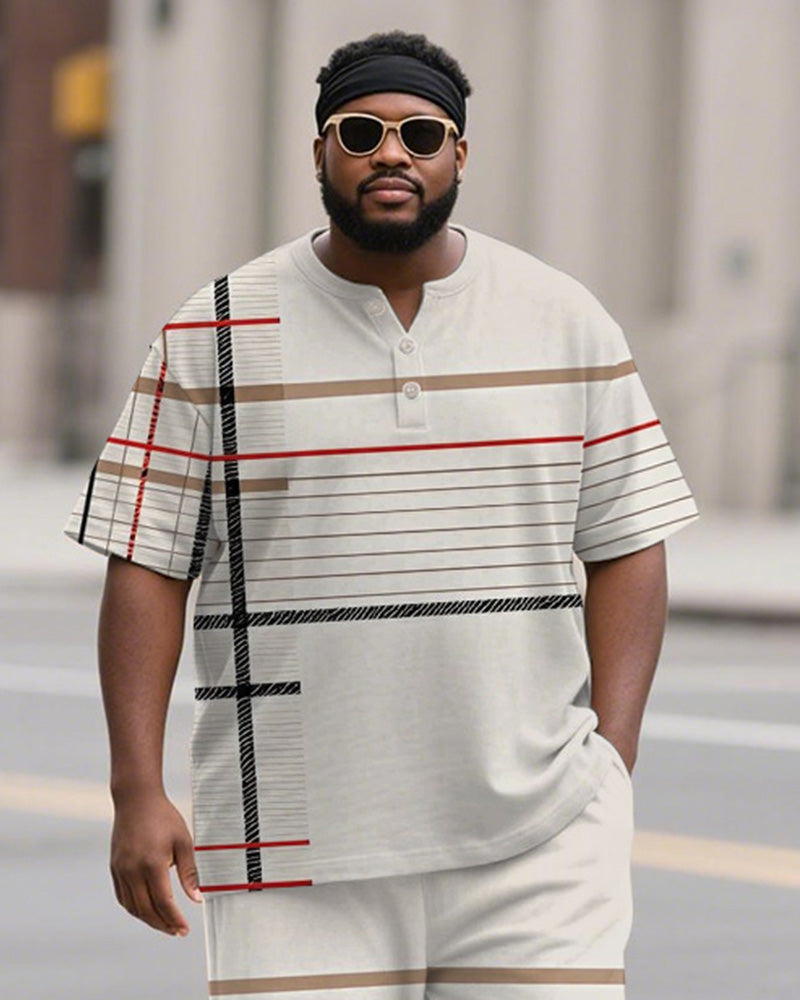 Men's Plus Size White Khaki Colorblock Stripe Print Henley Collar T-Shirt Trousers Suit