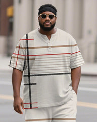 Men's Plus Size White Khaki Colorblock Stripe Print Henley Collar T-Shirt Trousers Suit
