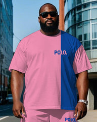 Big Men's Blue & Pink Color Block POLO Printed Casual Short Sleeve T-shirt Pants Set with Drawstring