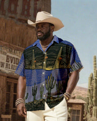 Big & Tall Men's Western Wind Desert Cactus And UFO Print-Cuban Collar Short Sleeve Shirt Pants Suit