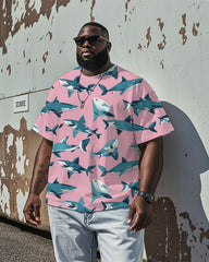 Men's Hawaiian Fashion Cartoon Shark All Over Printed Casual Short Sleeve T-shirts