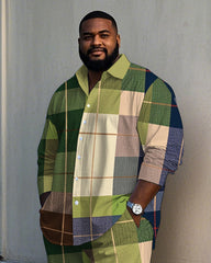 Big Men's Daily Casual Elegant Fresh Green Plaid Printed Long Sleeve Shirt Pants Set