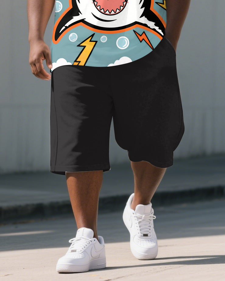 Big and Tall Men's Casual Cute Shark Cartoon Printed Outdoor Short-Sleeve Polo Shirt & Shorts Set